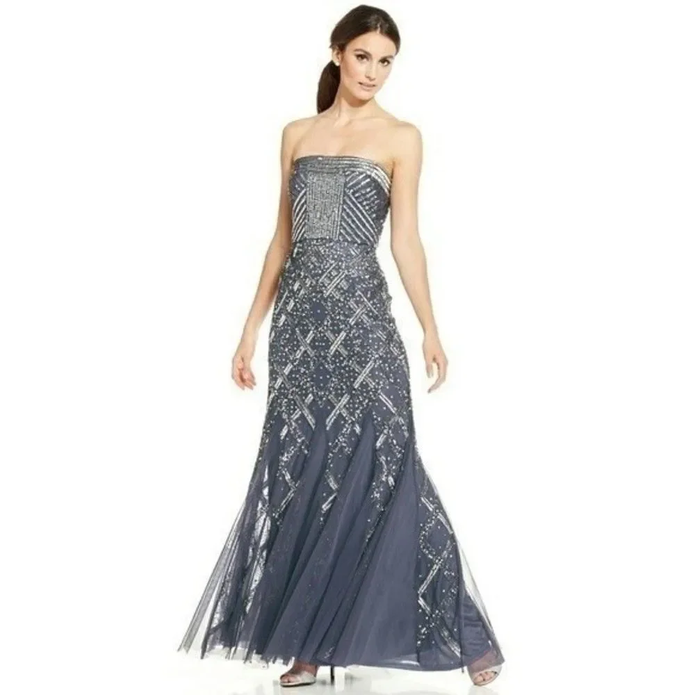 New! ADRIANNA PAPELL Sequin Beaded Strapless Gown Dress Size 4 Color Gunmetal